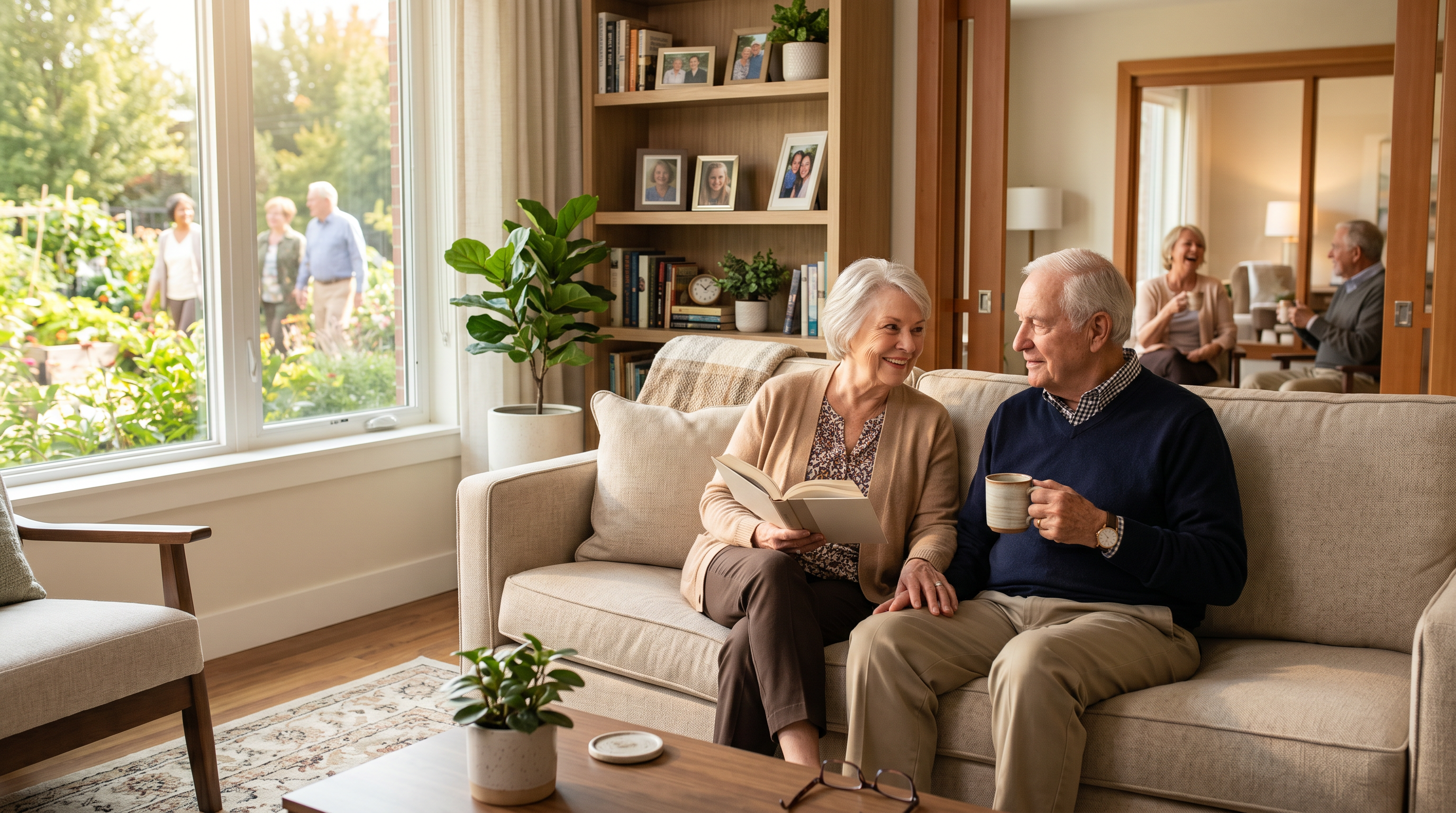 Older adults relaxing comfortably in an independent living retirement community that feels welcoming, social, and like home